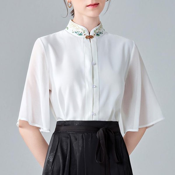 Camisa De Estilo Chino Con Cuello Mao Para Mujer Nueva Camisa De ChifóN De Manga Acampanada Bordada Para Mujer Top De Cuello Mao 2XL Blanco-image