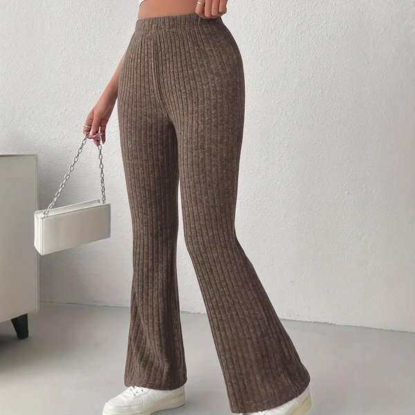 Zimowe Damskie Modne, Swobodne, Jednokolorowe, Dzianinowe, Rozszerzane, Z Wysokim Stanem Spodnie Slim Fit XL Ciemny Kolor BrąZowy-image