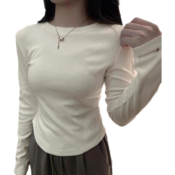 Camiseta De Mujer OtoñO E Invierno Nueva De Alta Gama Pulida Cuello Redondo Ajustada De Manga Larga Top XXL Albaricoque-image