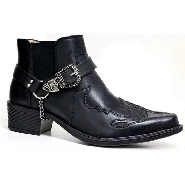 Botines Cortos De OtoñO De Moda Nuevos Botas De Vaquero Retro De Moda Para Hombre Botas De Cuero De CañA Alta Con Cadena Y Hebilla Punta Afilada Botas Antideslizantes 47 Negro-image