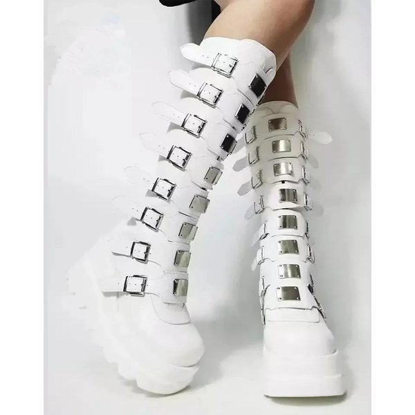 Botas Largas De Moda Para Mujer Zapatos GóTicos Botas De Plataforma Hasta La Rodilla Punk Negras Sexy Botas De Motociclista 2025 Nuevo Halloween Cosplay Botas Para Mujer 38 Blanco-image
