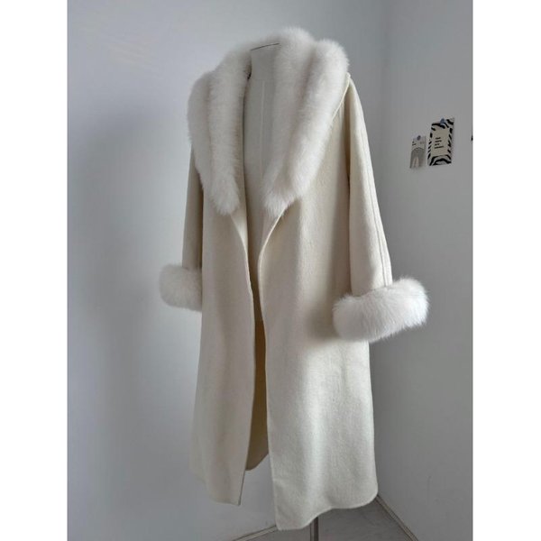 Abrigo De Lana De Doble Cara Para Invierno Para Mujer Lana Largo Medio Con Cordones Chaleco De Zorro Desmontable L Gray-image