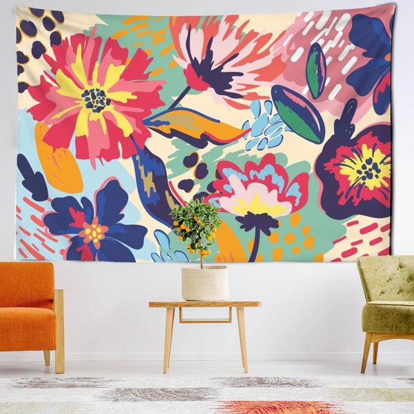 Tapiz De Arte De Dibujos Animados Flor Colgante De Pared Hippie Tapiz Planta Simplicidad EstéTica Kawaii HabitacióN DecoracióN Del Hogar 95X70Cm Blue-image
