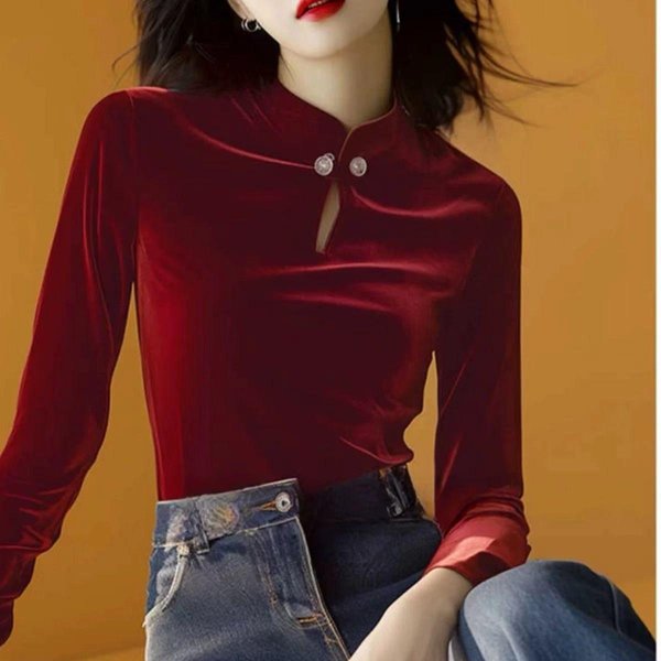 Nueva Camiseta De Manga Larga Estilo Chino Para Mujer En Primavera Estilo Chino Terciopelo Calado Jersey Base XL Brown-image