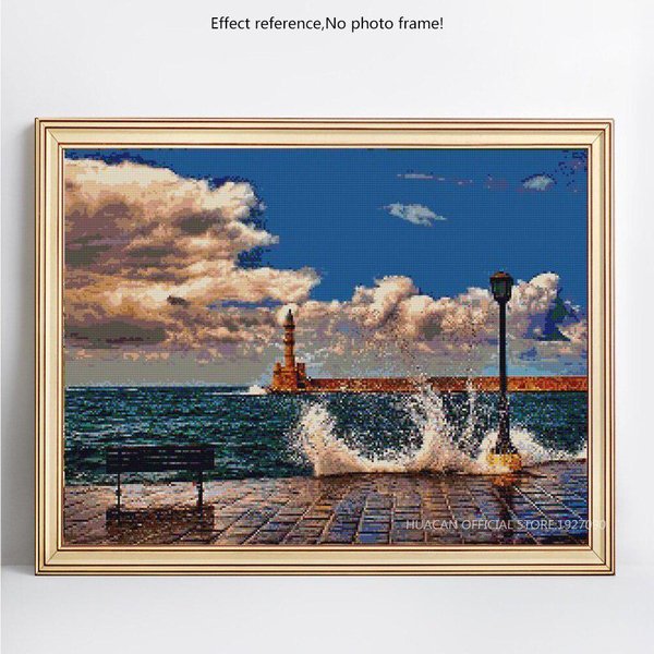 Punto De Cruz Orilla Del Mar Pintura De Diamantes Pantalla Completa Paisaje Redondo Completo 5D DIY Bordado De Diamantes 20X30CM Gray-image