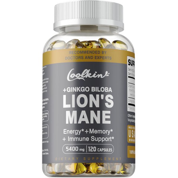 CáPsulas Blandas De Hongo Melena De LeóN OrgáNico, 5400 Mg Por PorcióN, Contienen Extracto De Ginkgo Biloba Para Apoyar La ConcentracióN Y La Memoria. 120 Gray-image