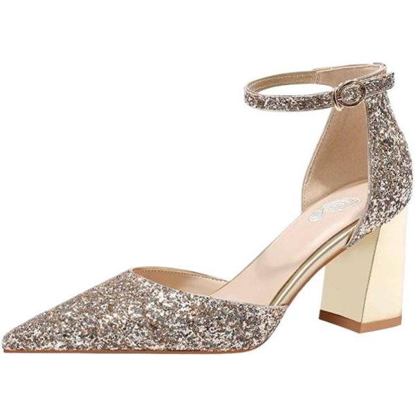 Buty Damskie Pasek Z Klamrą Na Kostce Damskie Wysokie Obcasy Moda Sukienka CzółEnka Damskie BłYszcząCe Szpiczasty Nosek PłYtkie Grube Obcasy Sandał 36-image