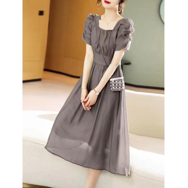 Gris Estilo Suave Verano Nuevo PequeñO Pausa Café FrancéS Retro Cuello Cuadrado Ajustado Vestido 3XL Brown-image