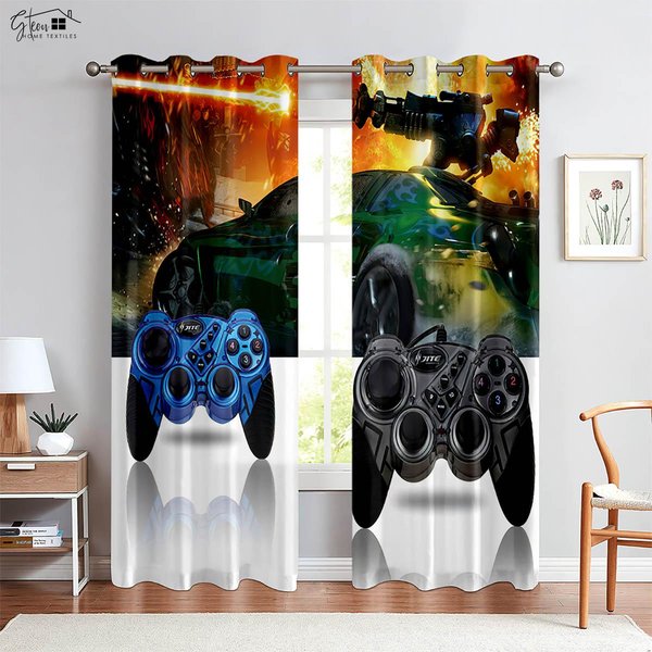 Fajne ZasłOny Z Nadrukiem Kontrolera Do Gier Odpowiednie Do Pokoju DziecięCego Sypialni Pokoju Gier Pokoju E-Sportowego ZasłOny Dekoracyjne 2 Sztuki W50Xh130(Cm)X2Pcs&Rod Pocket-image
