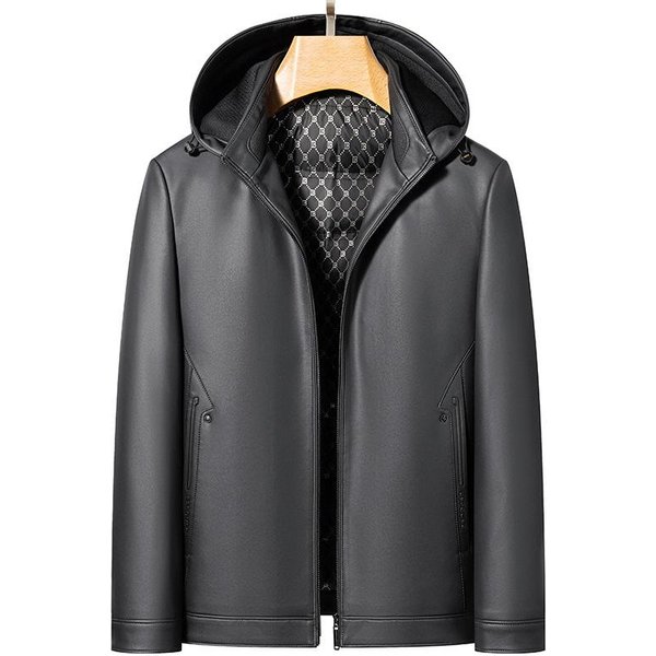 Chaqueta De Cuero Para Hombre, Con Capucha ExtraíBle, De Piel De Oveja Y PlumóN De Pato, Informal, Gruesa Y CáLida Xxxxl Gris-image