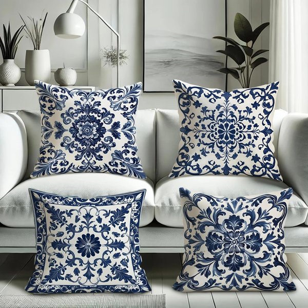 Funda De Almohada Floral Azul Y Blanco Bohemia De 4 Piezas Adecuada Para Sofá Coche Dormitorio Funda De CojíN Decorativa Funda De Almohada 40X40Cm Gray-image
