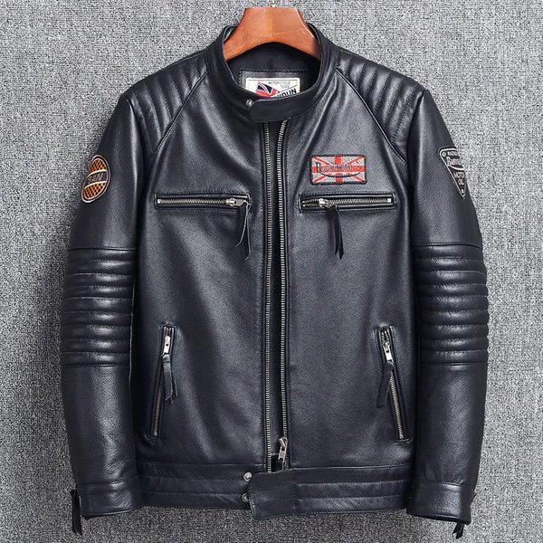 Chaqueta Biker Slim Para Hombre De Cuero Genuino De Vacuno De Capa Superior Vieja Con Cuello Mao 5XL-image
