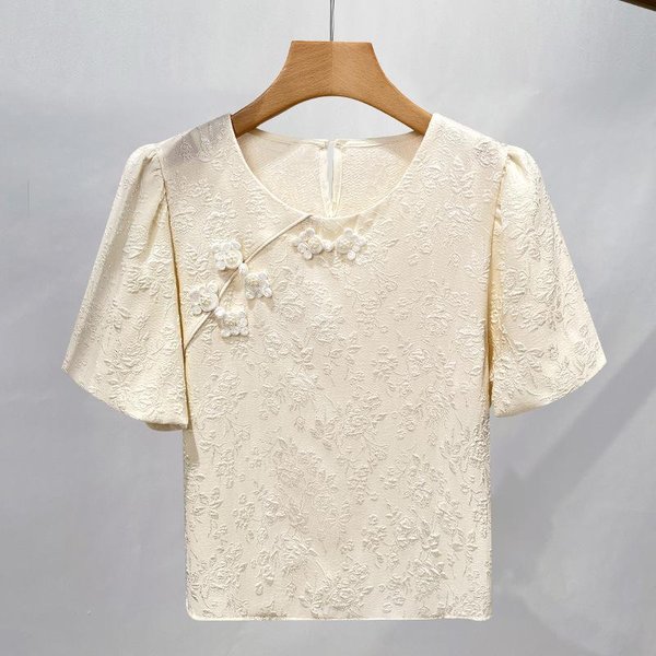 Camisa De Encaje Con Botones De Estilo Chino Para Mujer Nueva Camisa De Moda De Manga Abullonada Con Cuello Redondo Para Mujer Nuevo Top De Estilo Chino L White-image