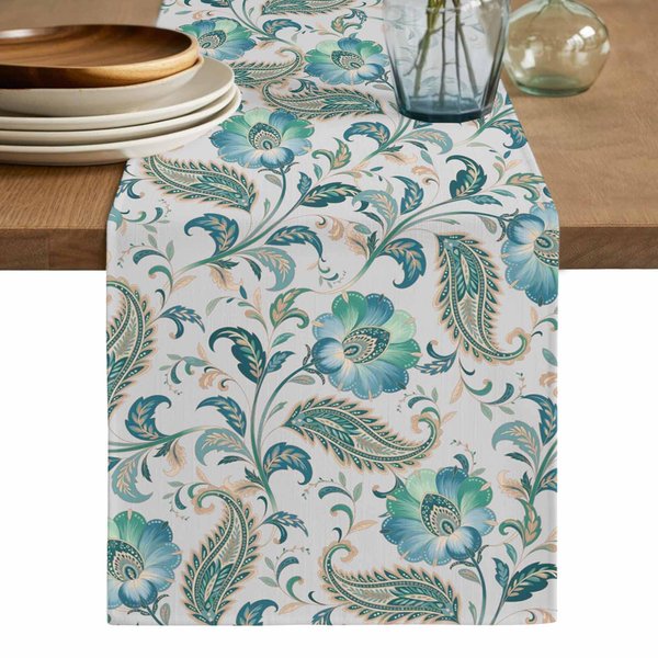 Camino De Mesa De Lino Floral Paisley Verde Azulado De Verano DecoracióN De Fiesta Boho ÉTnico Tribu Camino De Mesa Para Cocina Comedor Fiesta De Boda DecoracióN 150X33Cm-image