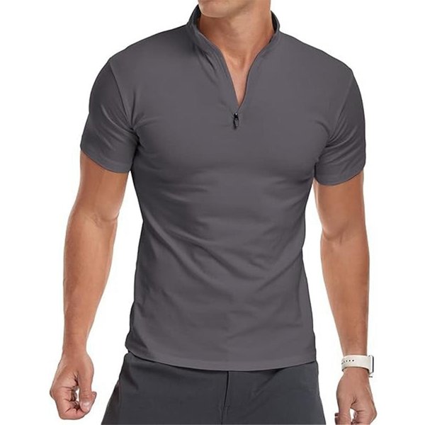 Camisa Polo De Manga Corta Con Cremallera Para Hombre Cuello Alto Corte Ajustado Top Casual Tejido Suave EláStico Camiseta Para Uso Diario L-image