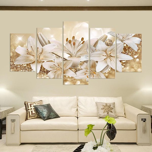 5 Paneli Nowoczesna Moda Kwiat Lilii PłóTno Malarstwo śCienne Plakaty I Druki Artystyczne Salon Sypialnia Home Decor Bez Ramki 20X35Cm*2 20X45Cm*2 20X55Cm*1 White-image