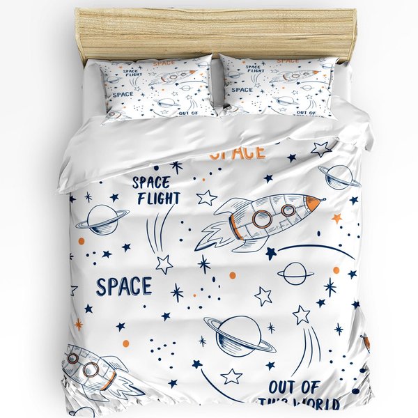 Juego De Cama De 3 Piezas Cohete Volando Dibujo Animado Universo Espacio Blanco Funda NóRdica Funda De Almohada NiñO NiñO Adolescente NiñA Cubre Cama EU Single(135X200Cm)-image