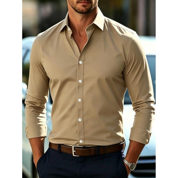 Camisa De Oficina Para Hombre De Manga Larga Holgada De Color SóLido M-image