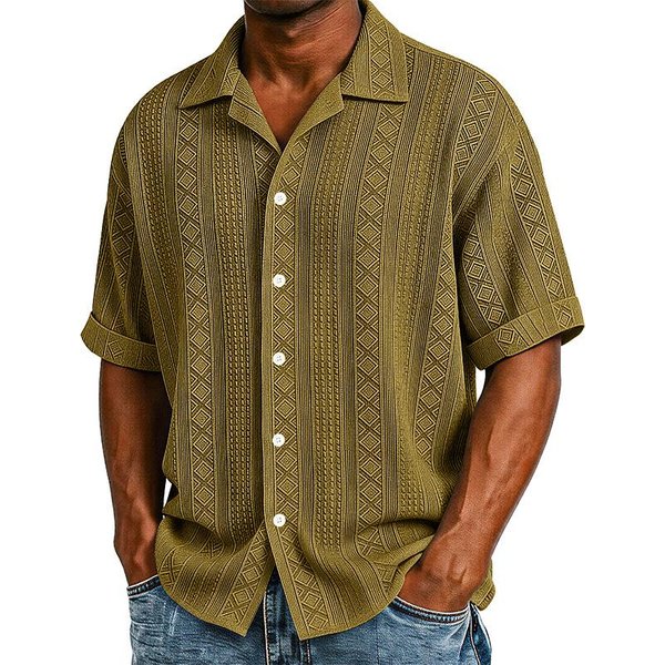 Camisa Casual Para Hombre Con Cuello Cubano, Jacquard GeoméTrico, Botones Completos, Manga Corta S-image