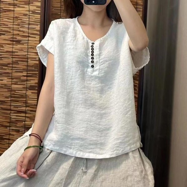 Nuevo Estilo De Verano Literario Retro De Alta Gama Color SóLido AlgodóN Y Lino Top Para Mujer Suelto Cuello Redondo Casual Simple Jersey De Manga Corta 4XL Blanco-image