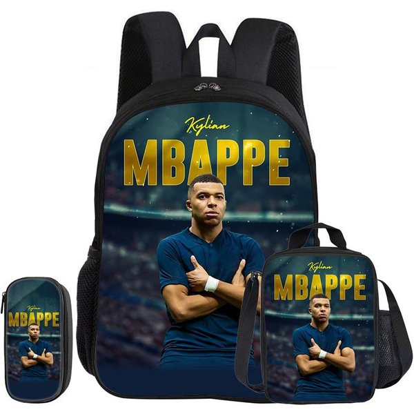 M-Mbappe Zestaw 3 Szt. Plecak Szkolny Gwiazda PiłKi NożNej Plecak Dla Dzieci PióRniki Torba Na KsiążKi Z Torbą Na Lunch Plecak Sportowy Prezent Dla Dzieci Black-image