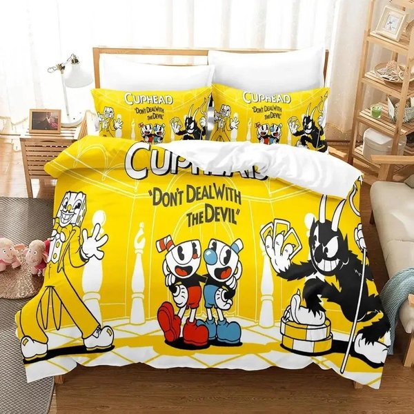 KreskóWkowy Zestaw PośCieli Mugman Cuphead Poszewka Na KołDrę Poszewka Na Poduszkę Rozmiar KróLewski KróLowej ChłOpcy DorośLi KołDra 70X133Cm 2Pcs Yellow-image