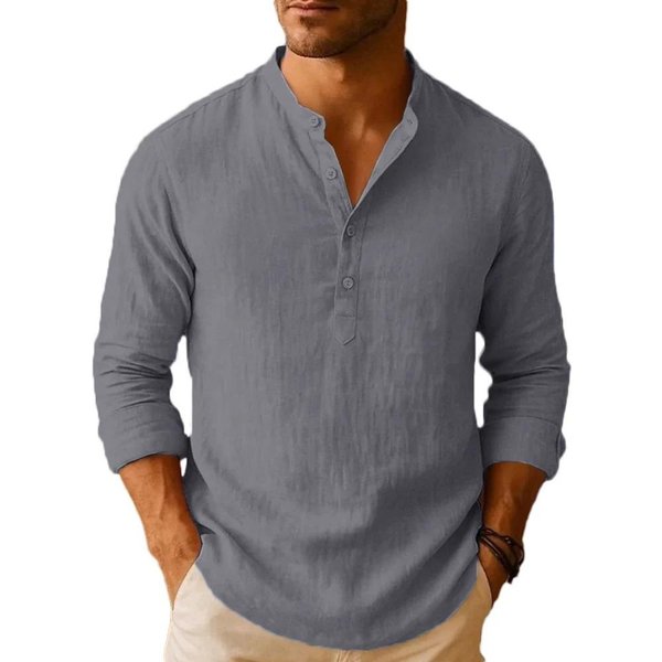Camisa Henley Ligera De Mezcla De Lino Para Verano Para Hombre - Transpirable De Manga Larga Casual De Color SóLido Con Botones M Gris-image