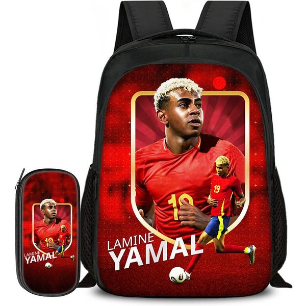 Set De 2 Piezas Mochila Bolsas Para LáPices Bolsas Escolares L-Lamin Yamal NiñOs Escuela Mochila De Doble Capa Estrella De FúTbol Deporte FúTbol Mochila-image