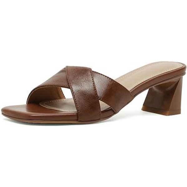 Moda Nuevos Sandalias Retro De Color SóLido Con TacóN Grueso Y Punta Cuadrada Zapatillas De Cuero Vacuno Sandalias De TacóN Grueso Zapatos Sandalias Mujer Chanclas 39 MarróN-image