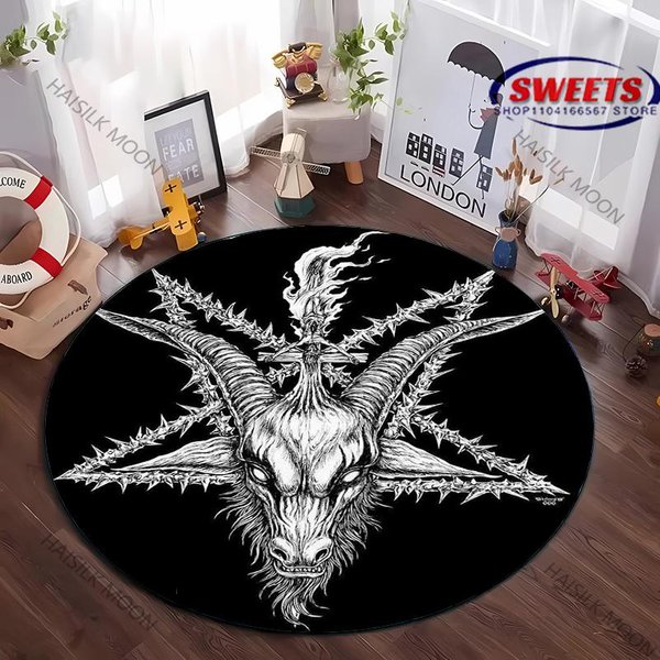 OkrąGłY Dywan 3D HD Z Symbolem Pentaklu, OkrąGłY Dywan Z Nadrukiem GłOwy KozłA, Mata Do Zabawy Dla Dzieci, Dywan Do Salonu, Sypialni, AntypośLizgowa Wycieraczka, Prezent Diameter -60Cm-image