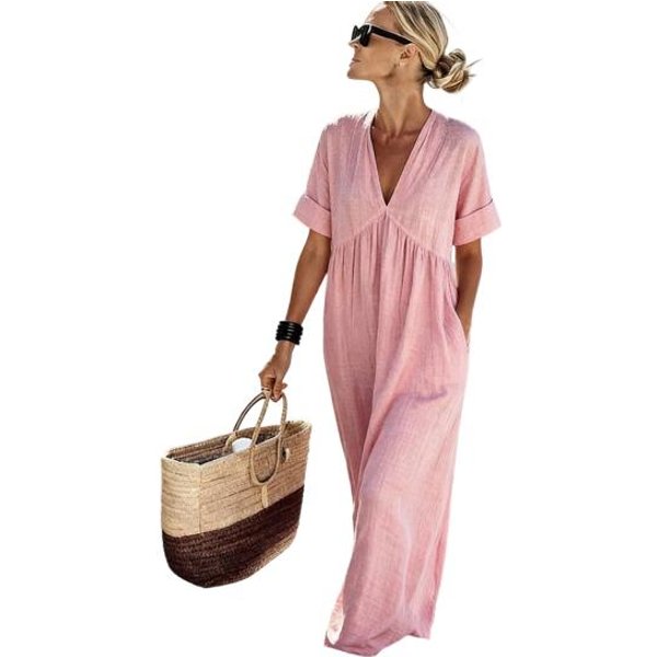 Letnia BawełNiano-Lniana Sukienka Maxi Dla Kobiet Casualowa Z Dekoltem V KróTkim RęKawem Sukienka O Fasonie A Letni StróJ PlażOwy Zwiewna Sukienka Letnia Z Kieszeniami M Gray-image