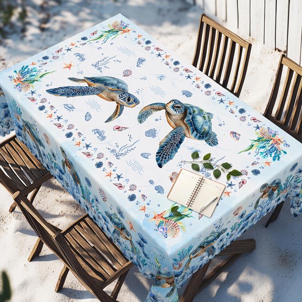 Mantel Tema OcéAno Tortuga Marina Estrella De Mar Para DecoracióN De Mesa Verano Azul Vida Marina OceáNica Mantel Para Mesa De Cocina Comedor DecoracióN Fiesta Festiva 140X300Cm-image