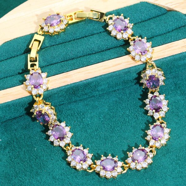 Conjunto De Collar Pendientes Pulsera Anillo Zirconita Morada CláSico Moda Europea Y N Cadena Con Engaste De Piedra Anillo Para Vestido De Novia Gray-image