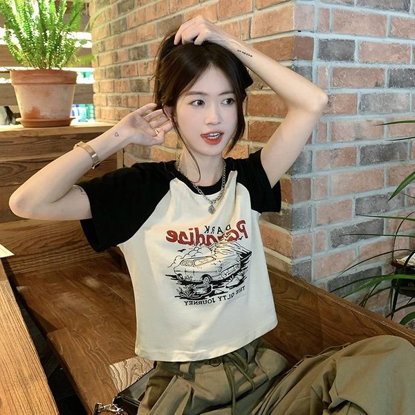 Camiseta De Manga Corta Estampada Retro Americana Para Mujer Verano VersióN Coreana Nueva Ajustada VersáTil Corta Top De Estudiante XXL Albaricoque-image