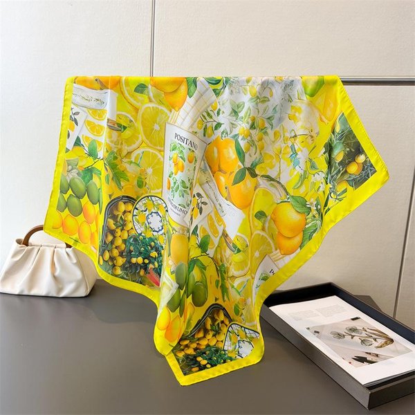 70*70Cm Chusta HidżAb Z Nadrukiem Cytrynowym Jedwabny Kwadratowy Szalik Kobieta Chusta Na GłOwę MięKki Satynowy ZawiąZywany Na Szyję Modny Szalik Kobieta Foulard Bandana 70X70Cm Blue-image
