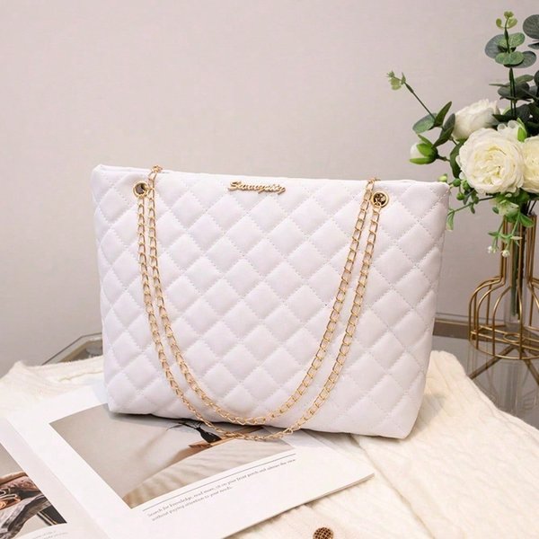 Bolso Grande Rombo Bolso De Hombro Bordado Con Cadena Bolso Cubo De Gran Capacidad White White-image