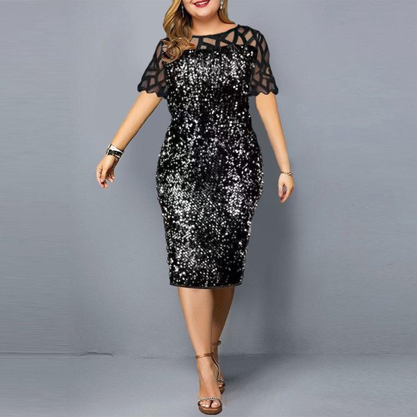 Letnia Sukienka Damska Plus Size Osobowość Cekinowa Damska Sukienka Z KróTkim RęKawem XL-image