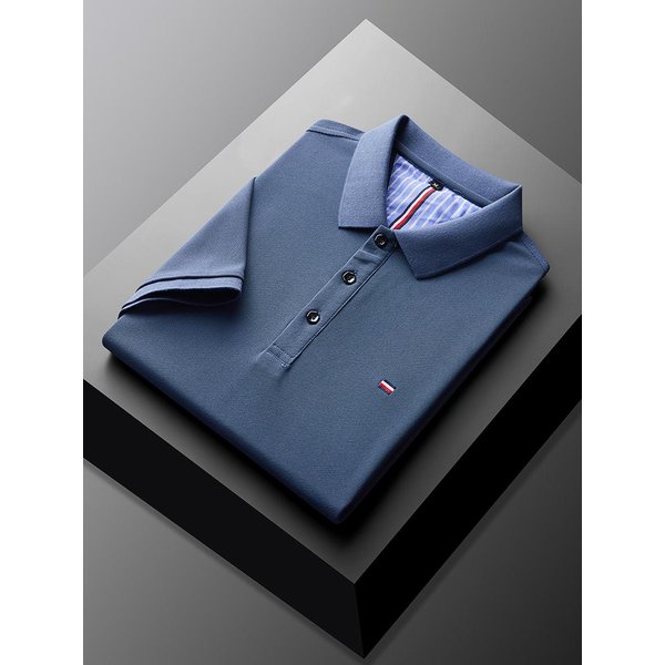 Polo De Manga Corta Para Hombre Color SóLido Solapa Temperamento Transpirable Business Casual Camiseta Azul M-image