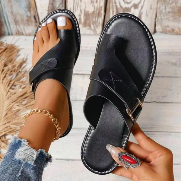 Kapcie Damskie Outdoor Casual Beach Women Shoes Letnie Nowe Mieszkania Flip Flop SandałY Walking Clip Toe Rzymska Klamra Damskie Slajdy 38 Czarny-image