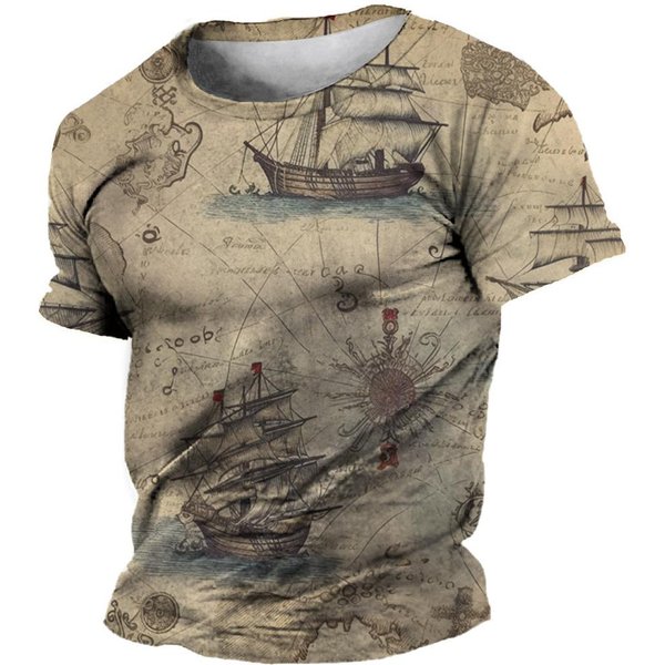 Camiseta Vintage Para Hombre Con Estampado De BrúJula 3D, Manga Corta, Moda Urbana, Camiseta GráFica, Camiseta Extragrande, Ropa Para Hombre S Beige-image