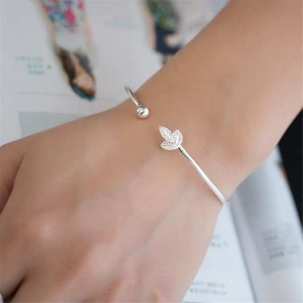 Brazalete Ajustable De Plata De Ley 925 Con DiseñO De Hoja Simple Para Mujer, Brazalete Tipo Brazalete SL044-image