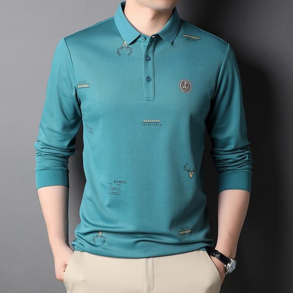 Primavera Nuevo Manga Larga Color Puro AlgodóN Camiseta Hombre Solapa Ropa Interior Blusa Mediana Edad Ocio Camiseta 3XL Blue-image
