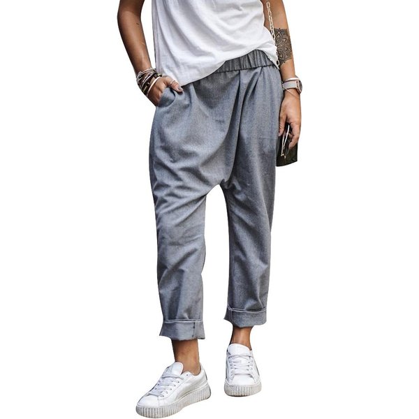 Pantalones Bombachos Holgados Informales De Talla Grande Para Mujer, Pantalones Largos Con Cintura EláStica De Color SóLido 3XL Gris-image