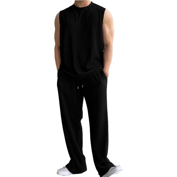 2 Szt./Zestaw MęSki Letni StróJ Casualowy Dekolt OkrąGłY Bez RęKawóW Tank Top Elastyczny Pas Ze Sznurkiem Szerokie Nogawki DłUgie Spodnie Zestaw Jednolity Kolor Casua M-image