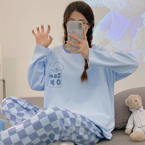 Zielony Damski Zestaw PiżAmowy SłOdkie Kawaii DłUgie RęKawy DłUgie Spodnie Jesień Zima MięKka Bielizna Nocna Przytulne PiżAmy DziewczęCe PiżAmy Damskie Nocne M Gray-image