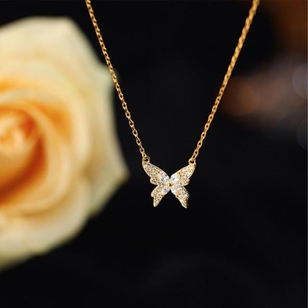 SłOdki 925 Sterling Silver Butterfly Naszyjnik BłYszcząCy Cyrkon Wisiorek Panie Elegancki łAńCuszek Do Obojczyka BiżUteria śLubna Prezent śWiąTeczny 45Cm-image