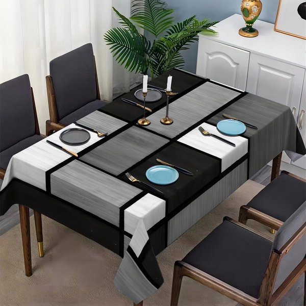 Elegancki Czarno-BiałY Obrus W Geometryczny WzóR - ProstokąTny Poliestrowy Pokrowiec Na Stół Jadalny Do Dekoracji śWiąTecznej Imprezy 100X145Cm-image