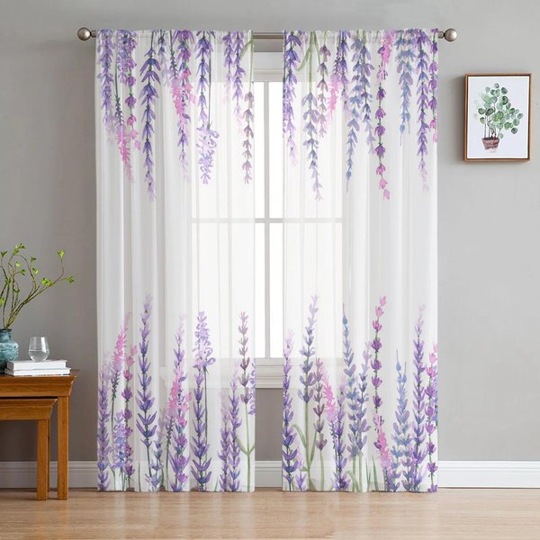Cortinas Semitransparentes De Flor Morada Lavanda Mariposa Para DecoracióN De Sala De Estar Cortina De Ventana Cocina Tul Voile Organza Drapeados W135 X H274Cm X1&Grommet Top-image