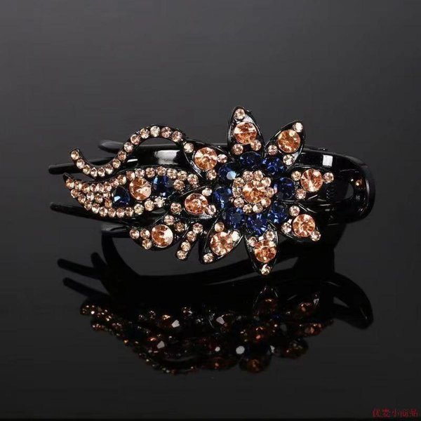 Horquillas Para El Pelo Con Brillantes Diamantes De ImitacióN, Forma De Flor, Hojas Y Pico De Pato, Pinzas Para El Pelo Estilo Retro, Accesorios Para Mujer 1PCS Azul/Champagne-image