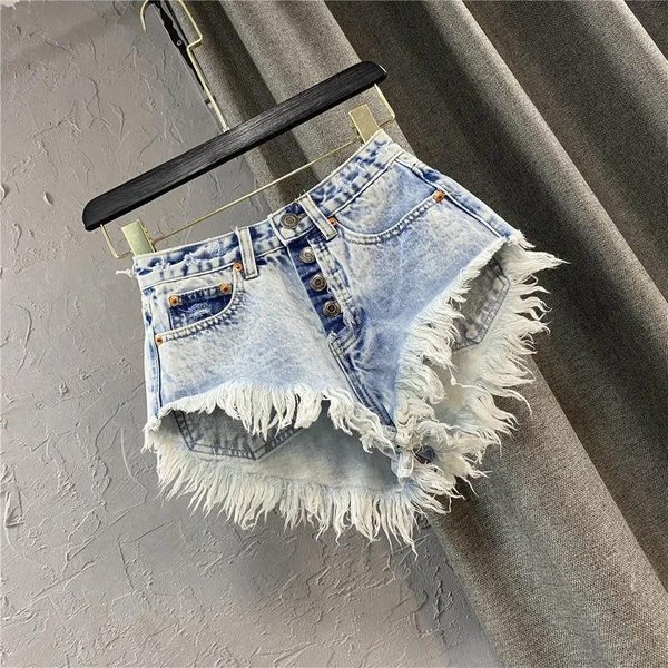 Modne DżInsowe Szorty Damskie Streetwear Bar Pikantna Dziewczyna Rozkloszowane Szerokie Nogawki Szorty Letnie Wysoki Stan Z Guzikami FręDzle GorąCe Spodenki L Jasny Kolor Niebieski-image